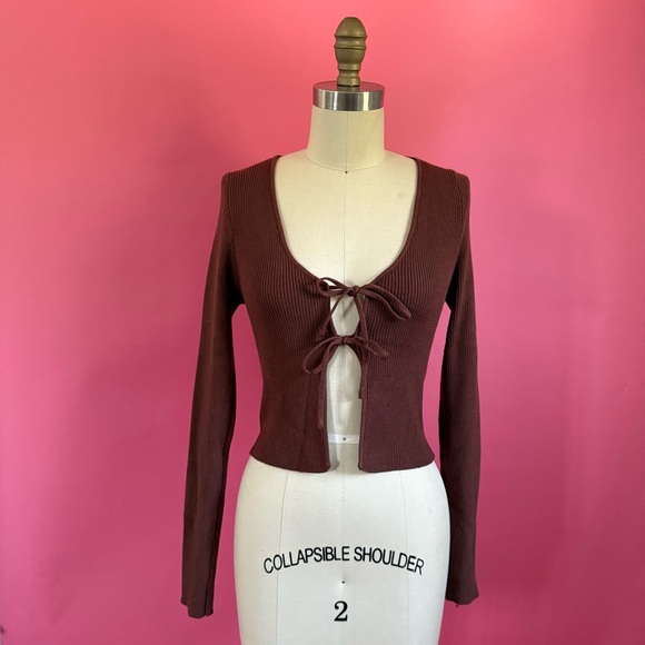 Sweater Knit Stretch Rib Brown Bow Tied Cardigan L - Picture 1 of 8